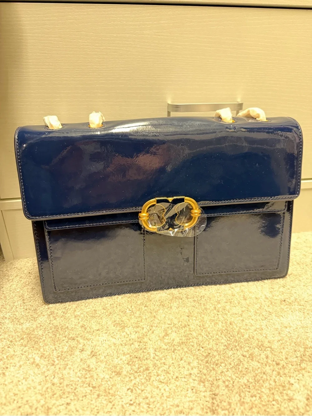 Tory Burch Patent Leather Shoulder Bag in Deep Navy with Gold Hardware